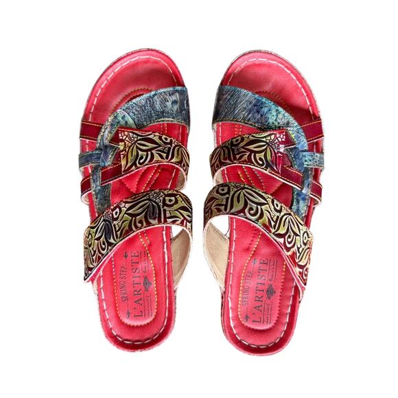 L'Artiste Sandals Spring Step Red Multi Pint Wedge Woman's 39 Strappy Adj - Picture 6 of 8
